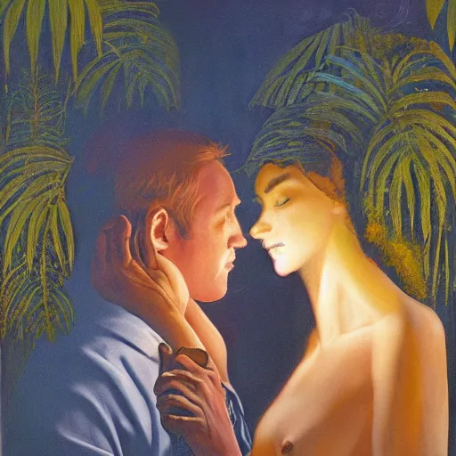 Image similar to the illuminated mystic Rhodesian ridgeback and a man and a woman in love, softly lit from behind, full moon night in the jungle Portrait by Paul Bonner, oil on canvas