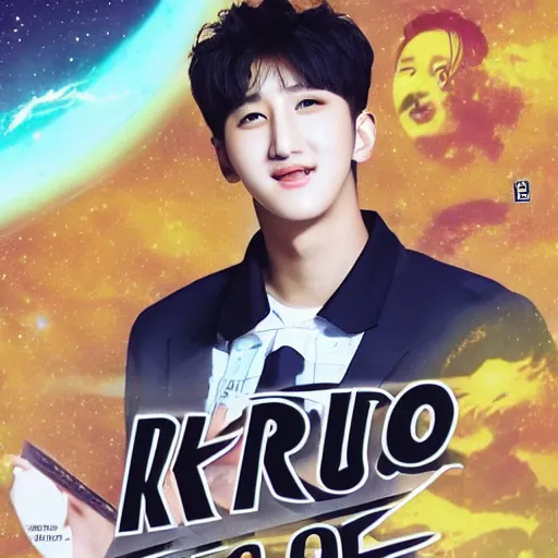 Prompt: “K-pop idol Changbin on a retro science fiction book cover”