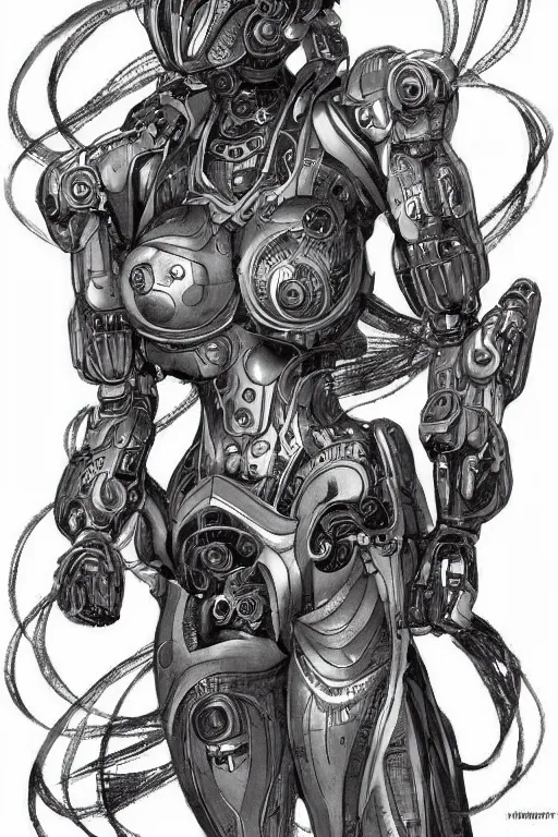 Image similar to full body illustration female cyborg, highly detailed, sumi - e art, suiboku - ga ink, by kim jisu, pen and ink monochrome, mecha, deviantart, artstation, pinterest