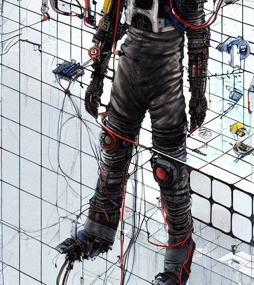 Image similar to realistic cyberpunk japanese engineer with long limbs and a black spacesuit welding a wall, techwear, dead space, visible face, Industrial Scifi, detailed illustration, character portrait, by Martin Grip and Moebius