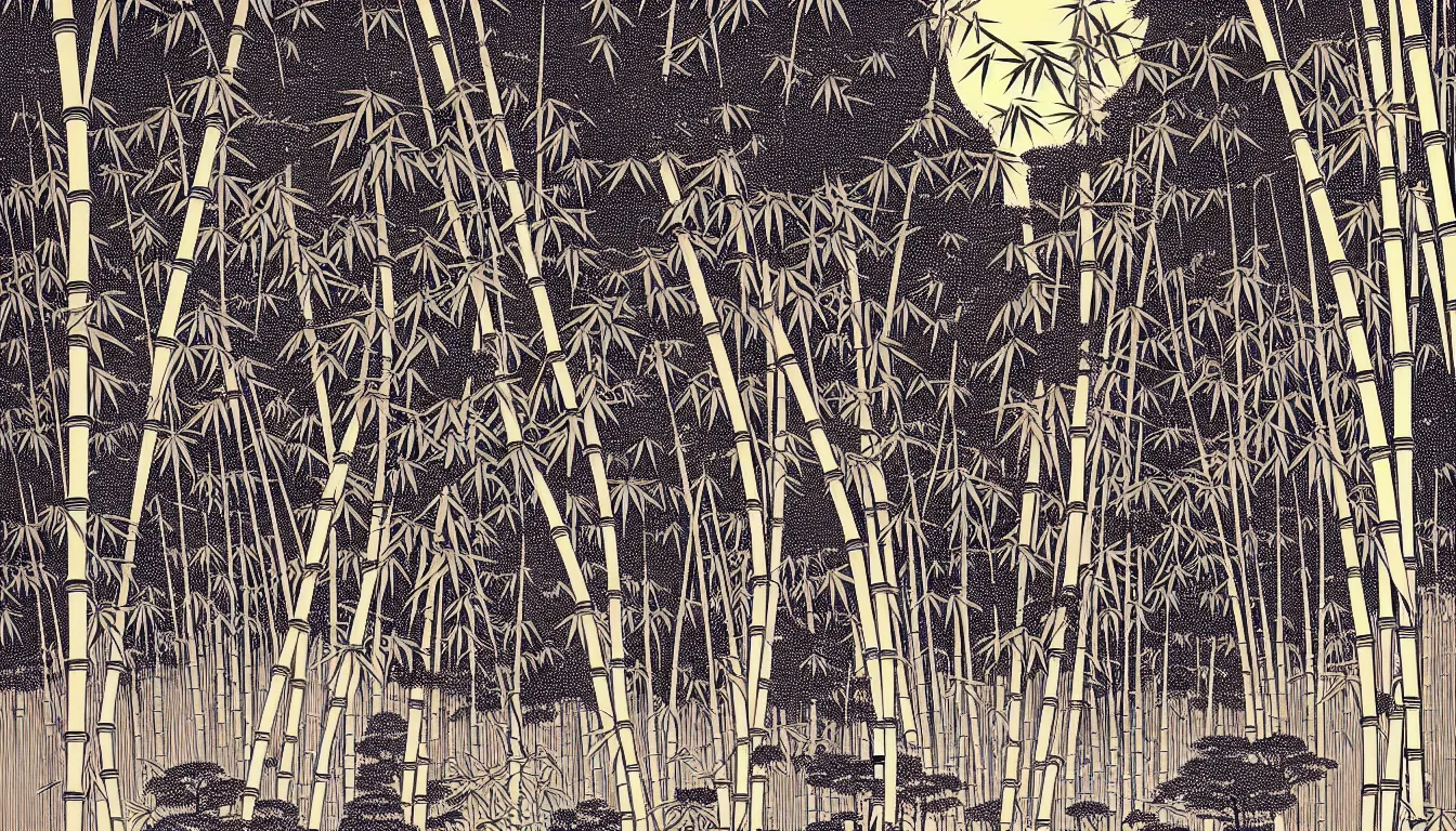 Image similar to bamboo and trees by woodblock print, nicolas delort, moebius, victo ngai, josan gonzalez, kilian eng