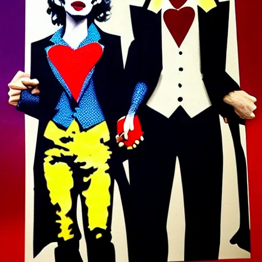 Image similar to richard hamilton and mimmo rottela and banksy as joaquin phoenix skinny joker holding hand lady gaga harley queen, ultra photorealistic, intricate details, pop art style, baroque, concept art, ultrarealistic, 3 colors, 4 k, 4 d, smooth, sharp focus