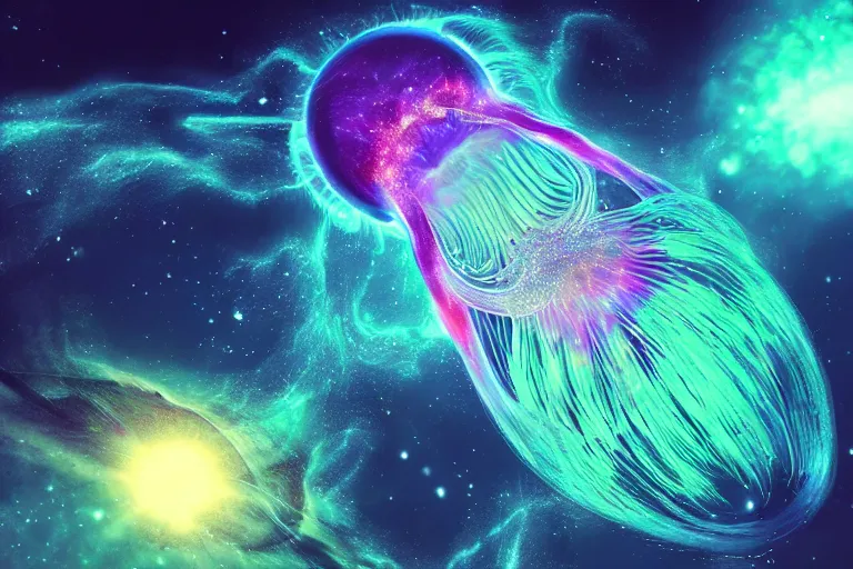 Prompt: a giant mystical cosmic bioluminescent space jellyfish jumping through a space nebula leaving stardust trails behind, digital art, photorealistic, highly detailed, intricate