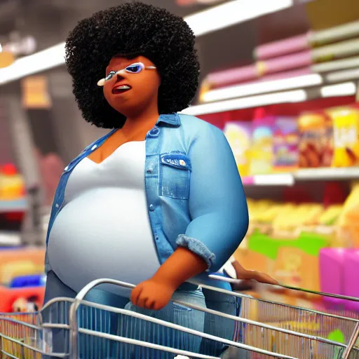 Image similar to high quality still of black bbw woman, 3d, in the style of pixar, comic book style, pushing cart in wal mart, highly detailed, 16k resolution, octane renderer, coherent