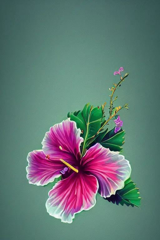 Prompt: beautiful digital matter cinematic painting of whimsical botanical illustration of hibiscus whimsical by greg rutkowki and alena aenami artstation