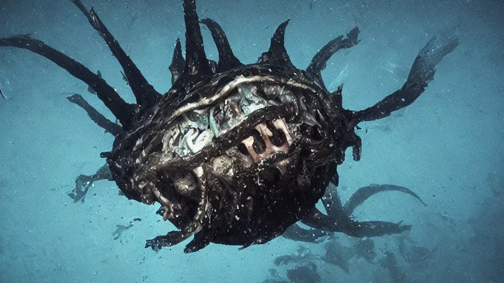 Prompt: the most dreaded underwater creature roaming menacingly in the darkest depths of sea