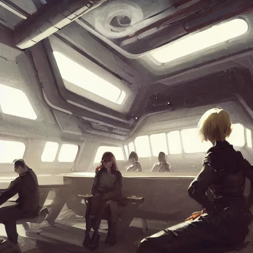 Image similar to concept art by greg rutkowski, a very tall, and slender woman with blond hair, sitting with the crew in the ship's flight deck, brutalist futuristic interior, dark lighting atmosphere, detailed portraits, nostalgic atmosphere, scifi, digital painting, artstation, concept art, smooth, sharp foccus ilustration, artstation hq