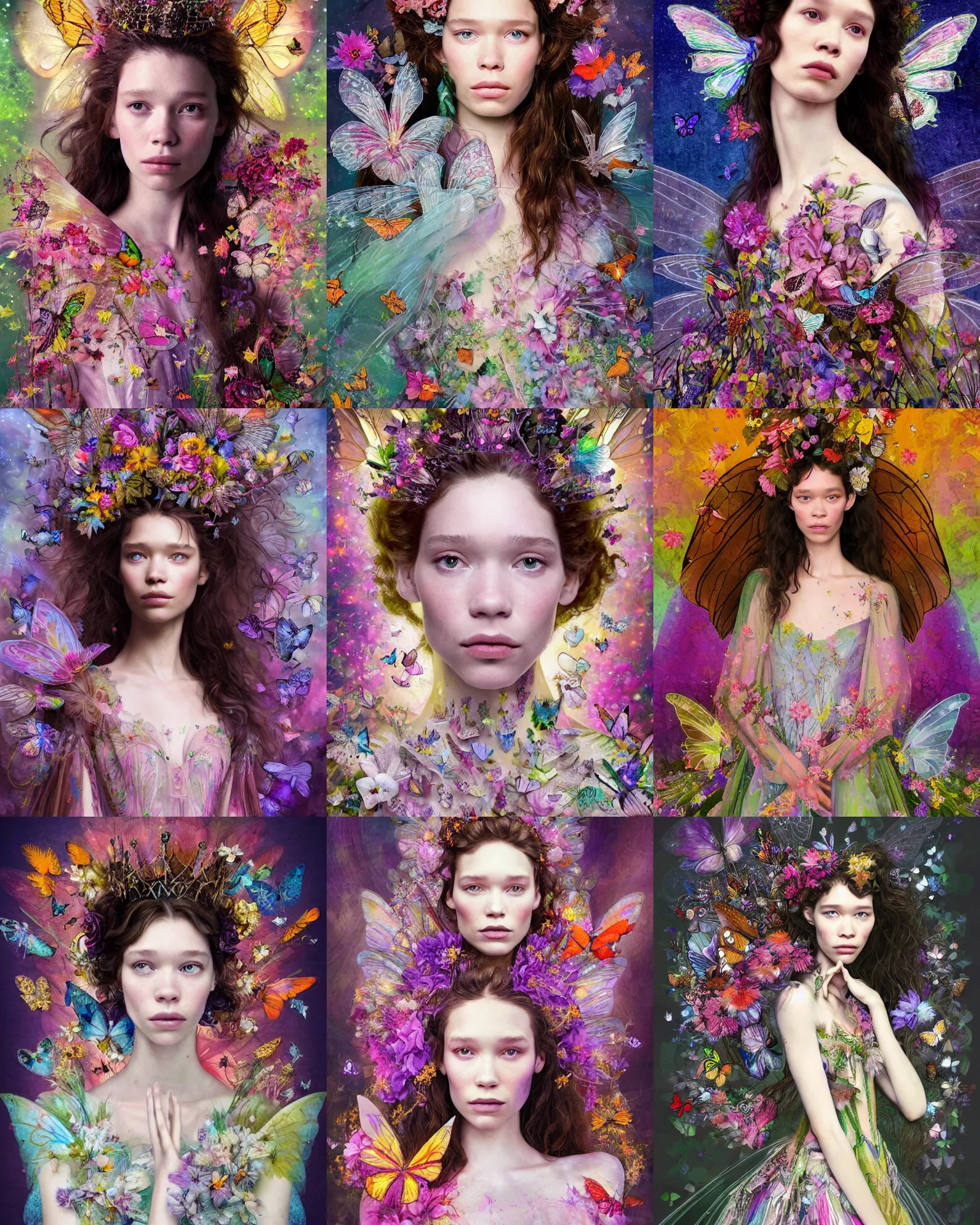 Prompt: masterwork portrait of astrid berges frisbey as a fairy queen. digital illustration. wearing a dress made out of flowers and butterflies. she is fading into space. trending on art station, fluid, dreamy, ethereal, vivid colours. sharp focus. wow!