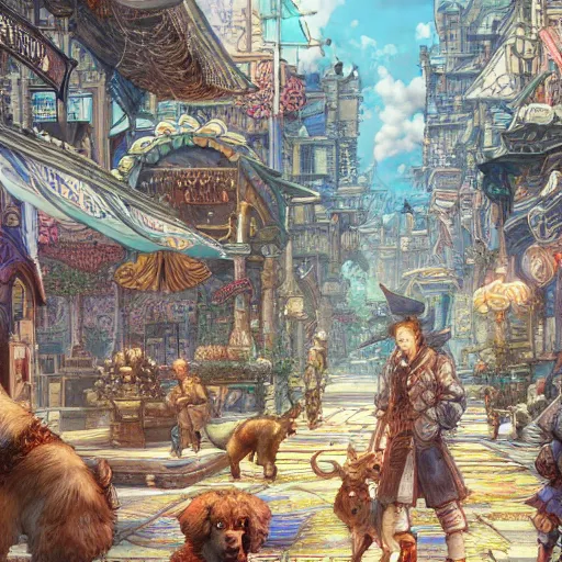 Image similar to a city of dogs, an ultrafine hyperdetailed illustration by kim jung gi, irakli nadar, intricate linework, bright colors, octopath traveler, final fantasy, unreal engine 5 highly rendered, global illumination, radiant light, detailed and intricate environment