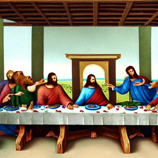 Image similar to the last supper with dinosaurs instead of humans