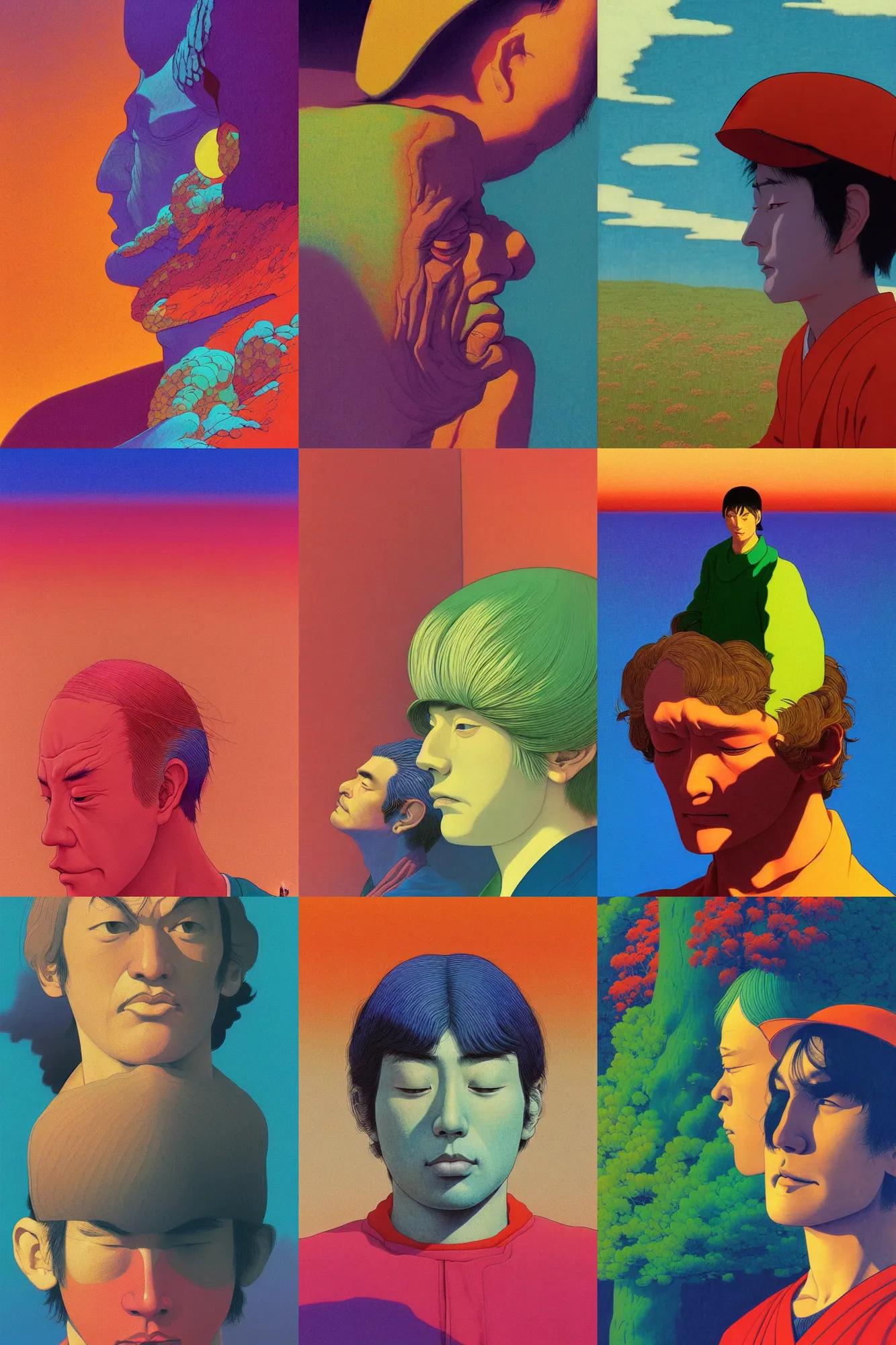 Prompt: a colorful vibrant closeup portrait of a simple man with dreaming psychedelic hallucinations, by kawase hasui, moebius, Edward Hopper and James Gilleard, Zdzislaw Beksinski, Steven Outram colorful flat surreal design, hd, 8k, artstation