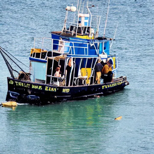 Prompt: fishermen throwing fish and chips off the back of a trawler