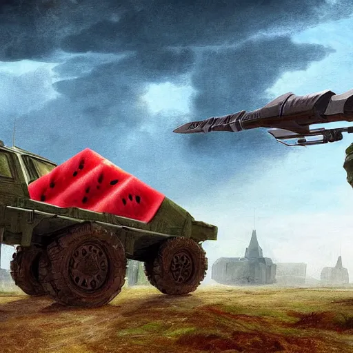Image similar to Watermelon as military vehicle with epic weapons, launching rockets on a battlefield, russian city as background. Concept digital art in style of Caspar David Friedrich, More Military vehicle less watermelon, epic RTX dimensional dramatic light
