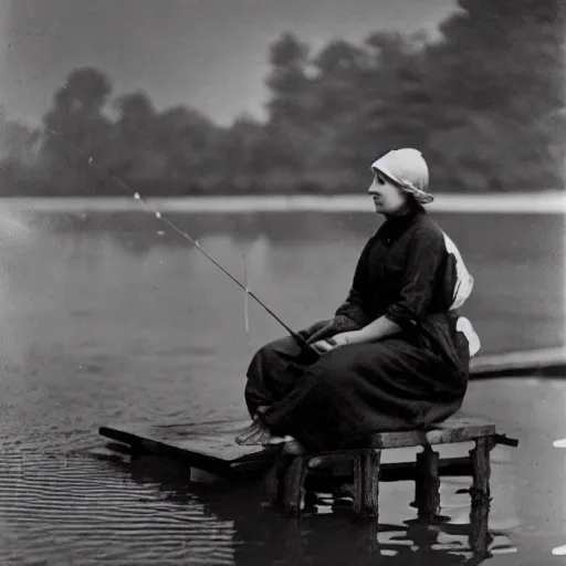 Image similar to a young edwardian woman fishing from a small wooden pier in a pond, black and white photograph