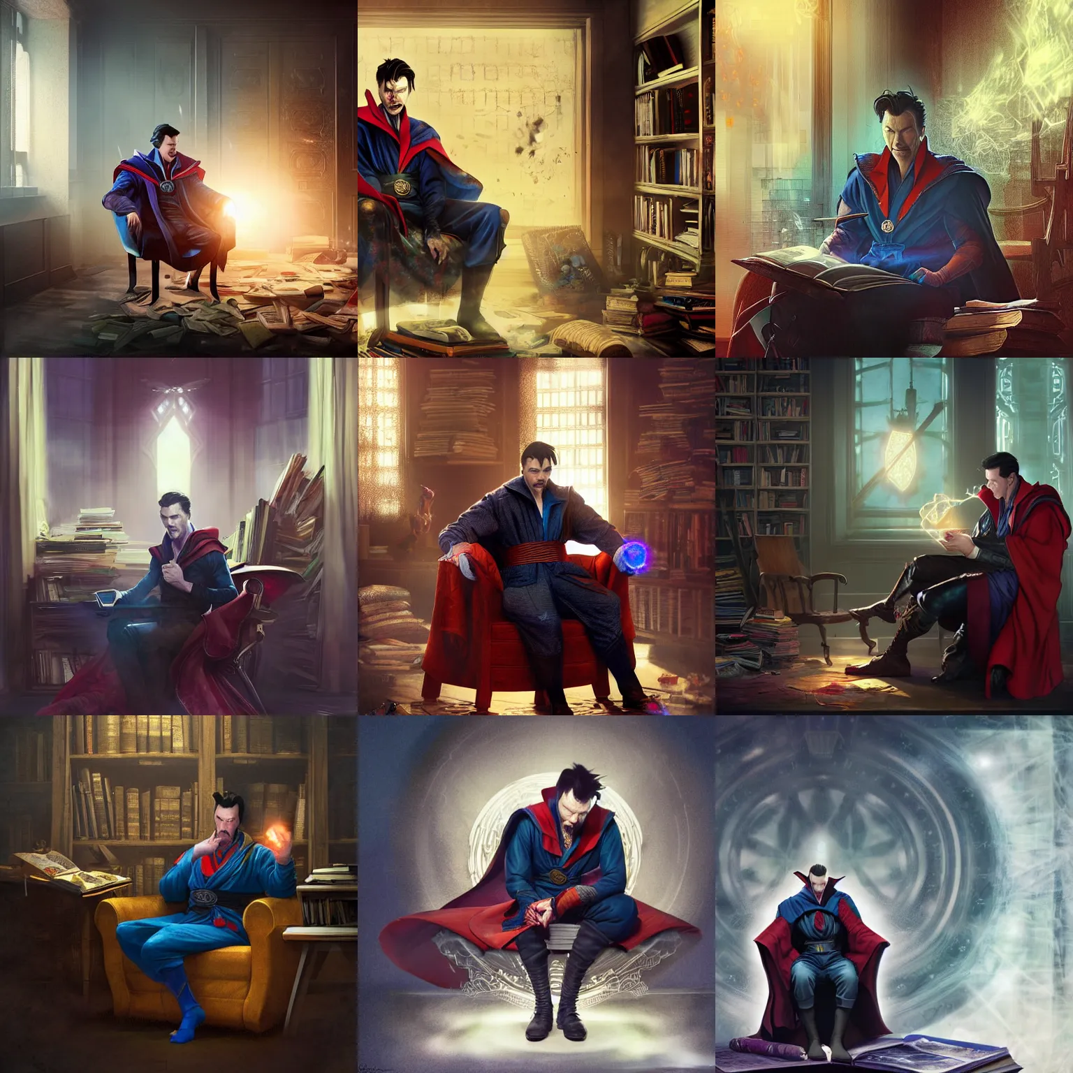 Prompt: dr strange sitting alone in his room in a large chair, books messy about the room, sad, somber, airbrush render, by Ross Tran, James Jean, Andrei Riabovitchevt