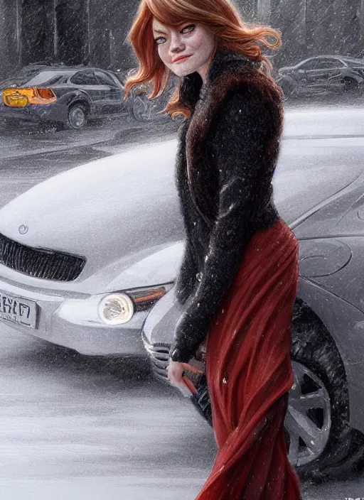 Image similar to ultra realistic illustration, emma stone getting out of a taxi in winter, intricate, elegant, highly detailed, digital painting, artstation, concept art, smooth, sharp focus, illustration, art by artgerm and greg rutkowski and alphonse mucha