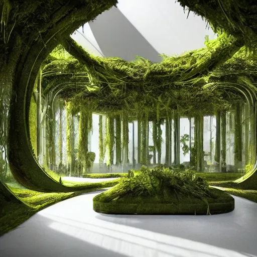 Image similar to a dream about opulent, abandoned overgrown futuristic base on Mars designed by Zaha Hadid, lush plants growing through the glossy floors and walls, walls are covered with moss and vines, beautiful, dusty, golden volumetric light shines through, golden rays fill the space with warmth, rich with epic details, dreamy atmosphere and drama