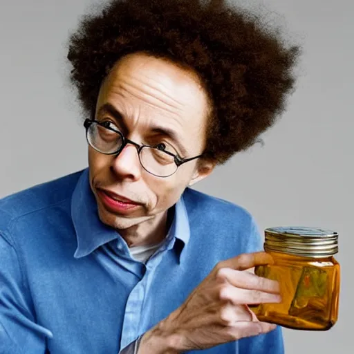 Image similar to Malcolm Gladwell sniffing from a jar with smell lines coming from it