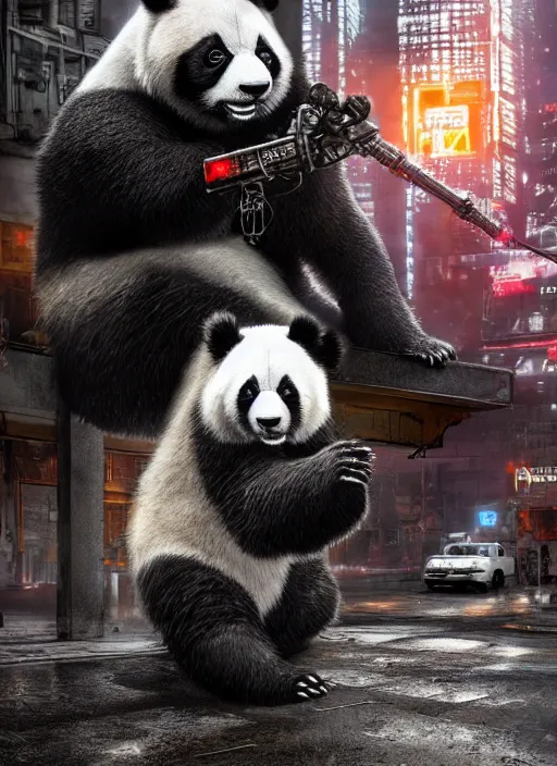 Image similar to hyperrealism, detailed textures, photorealistic 3 d cyberpunk panda in apocalyptic city, ultra realistic, cinematic, intricate, cinematic light, unreal engine 8 k, octane render, unreal engine