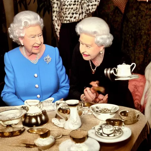 Image similar to photo of queen elizabeth having tea with a caveman