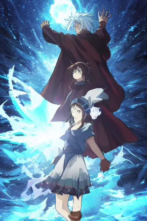 Image similar to cover art of mage summoning a ice golem, ufotable anime style, epic background