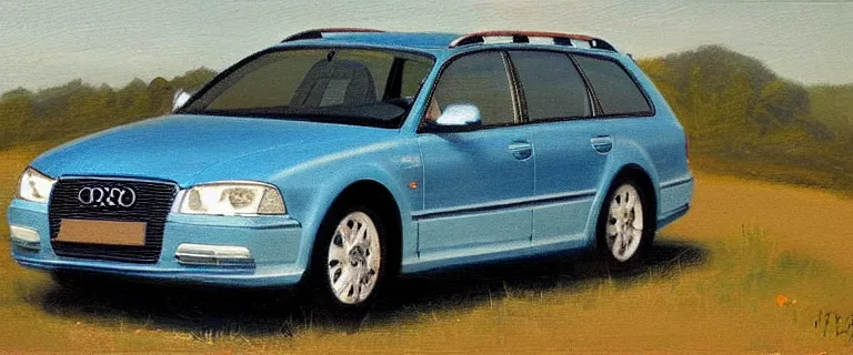 Image similar to Denim Blue Audi A4 B6 Avant (2002) landscape painting in the style of 19th century Hudson River School art