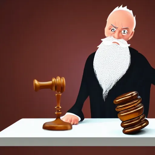 Image similar to a blad judge with bid white beard slams his gavel on the desk, illustration, realistic, 8 k, cinematic