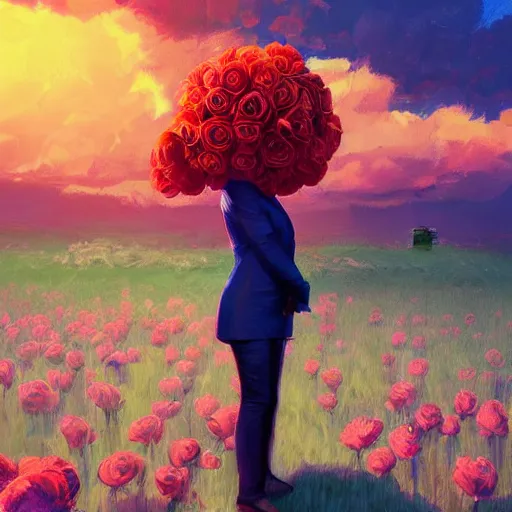 Image similar to closeup, giant rose flower head, frontal, a girl in a suit, surreal photography, sunrise, blue sky, dramatic light, impressionist painting, digital painting, artstation, simon stalenhag