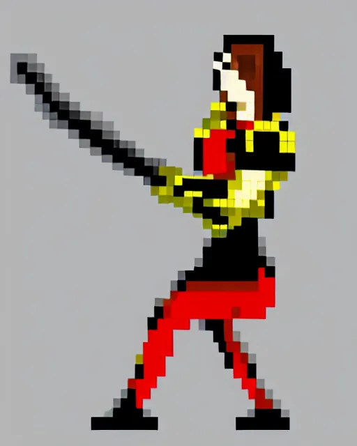 Image similar to a pixel art picture of a woman holding a sword, pixel art by lichtenstein, polycount contest winner, pixel art, 2 d game art, dynamic pose, # pixelart