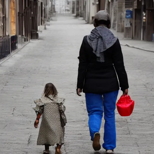 Image similar to a mother coming back from shop a huge bag of gold she is walking home in a street the street is empty and it's sunny