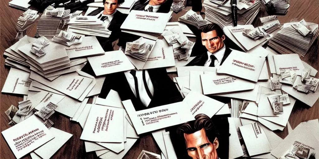 Image similar to patrick bateman, detailed fantasy art, stacks of business cards, 8 0's office