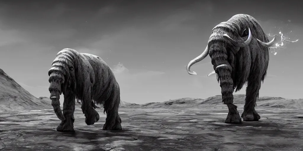 Image similar to a cyborg-mammoth standing in the middle of a milk lake on the Moon,Highly Detailed, Cinematic Lighting, rim light, hyper real, black and white, photo-realistic Unreal Engine, 8K