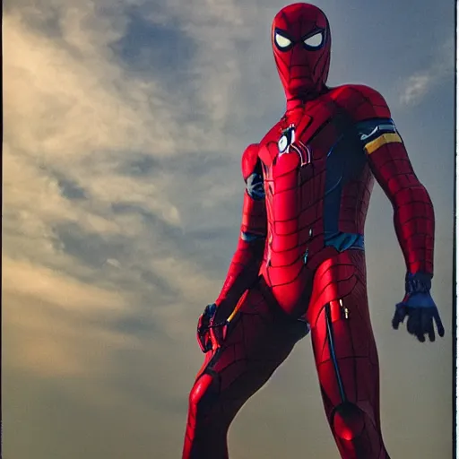 Image similar to a single iron man and spider - man hybrid, dslr, polaroid