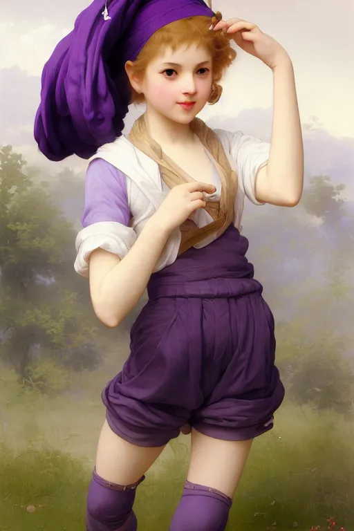 Image similar to Full View girl with short blond hair wearing an oversized purple Beret, Baggy Purple overall shorts, Short Puffy pants made of silk, silk shoes, a big billowy scarf, Golden Ribbon, and white leggings Covered in stars. Short Hair. masterpiece 4k digital illustration by Ruan Jia and Mandy Jurgens and Artgerm and william-adolphe bouguereau, award winning, Artstation, art nouveau aesthetic, Alphonse Mucha background, intricate details, realistic, panoramic view, Hyperdetailed, 8k resolution, intricate art nouveau