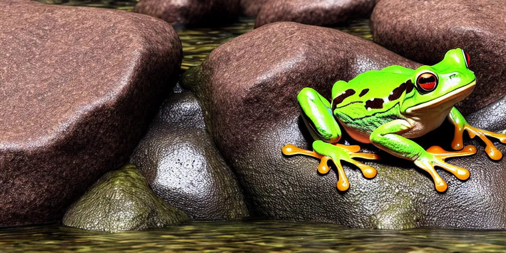 Prompt: A frog sitting on a glistening creek rock, flowing clear water creek bed, photorealistic