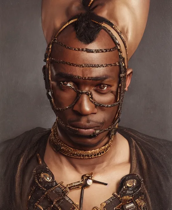 Image similar to a dark skinned man wearing an intricate and detailed inticate suspenders set, wrapped in a python, honey birdette, realistic renaissance portrait, highly detailed, digital painting, artstation, concept art, smooth, sharp focus, cinematic lighting, art by john collier, artgerm and greg rutkowski and alphonse mucha and jacques louis david