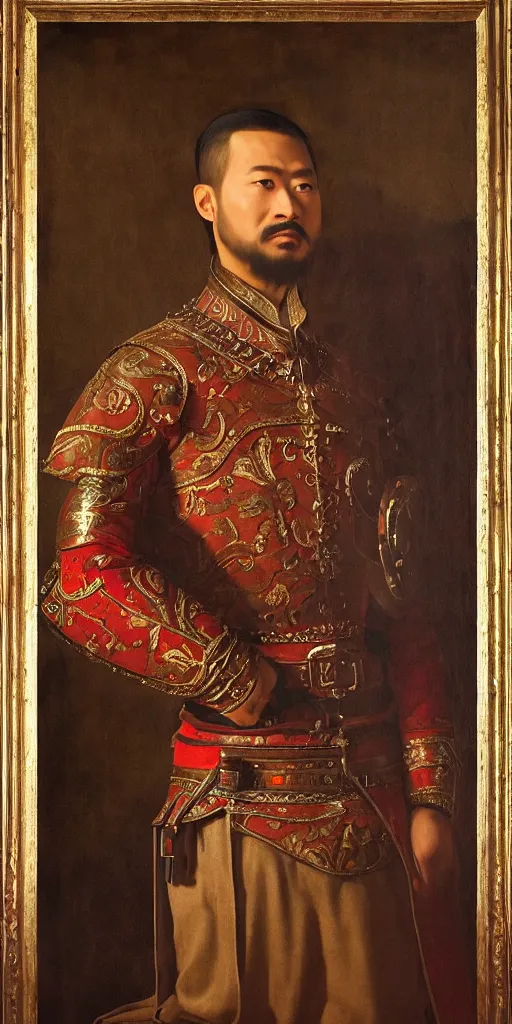 Image similar to Highly detailed and cinematic Renaissance period portrait oil painting Kublai Khan, an oil painting ((masterpiece)) by ((Josep Tapiró Baró)), dynamic lighting, 8K