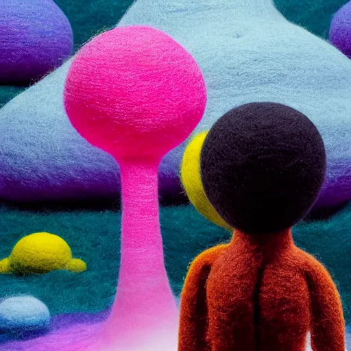 Prompt: a wide angle landscape portrait of a black monk with a colorful afro, meditating in an african zen garden with a pink waterfall, moon light, by goro fujita and alex grey in a surreal psychedelic style, pixar, felt texture, bokeh!!, volumetric wool felting, radiant light, amigurumi, macro photography, breathtaking landscape