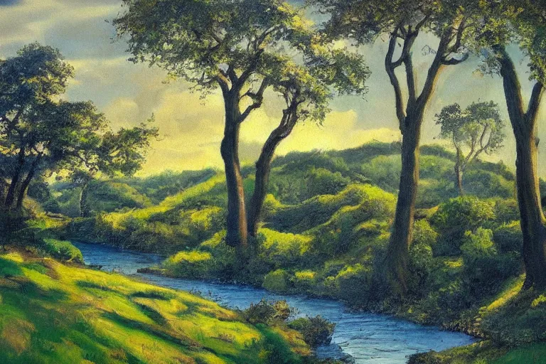 Image similar to masterpiece painting of oak trees on a hillside overlooking a creek, dramatic lighting, by marc davis