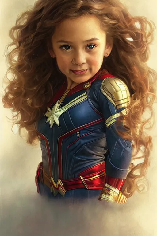 Prompt: a little girl with a michievous face and light brown curly wavy hair. she is dressed as captain marvel, wonder woman, captain america, a superhero. clean elegant painting, beautiful detailed face. by artgerm and greg rutkowski and alphonse mucha