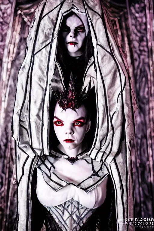 Image similar to dressed anya taylor - joy, a sinister demonic queen of cenobites, symmetrical, cinematic, elegant, demonic atmosphere, professional studio light, real dlsr photography, sharp focus, costume made by clive barker, real rotten flesh and blood, 4 k, ultra hd, sense of awe