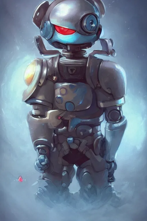 Image similar to cute little robot with a plasma machine gun, tiny, small, miniature , short, pale blue armor, cute and adorable, pretty, beautiful, DnD character art portrait, matte fantasy painting, DeviantArt Artstation, by Jason Felix by Steve Argyle by Tyler Jacobson by Peter Mohrbacher, cinematic lighting