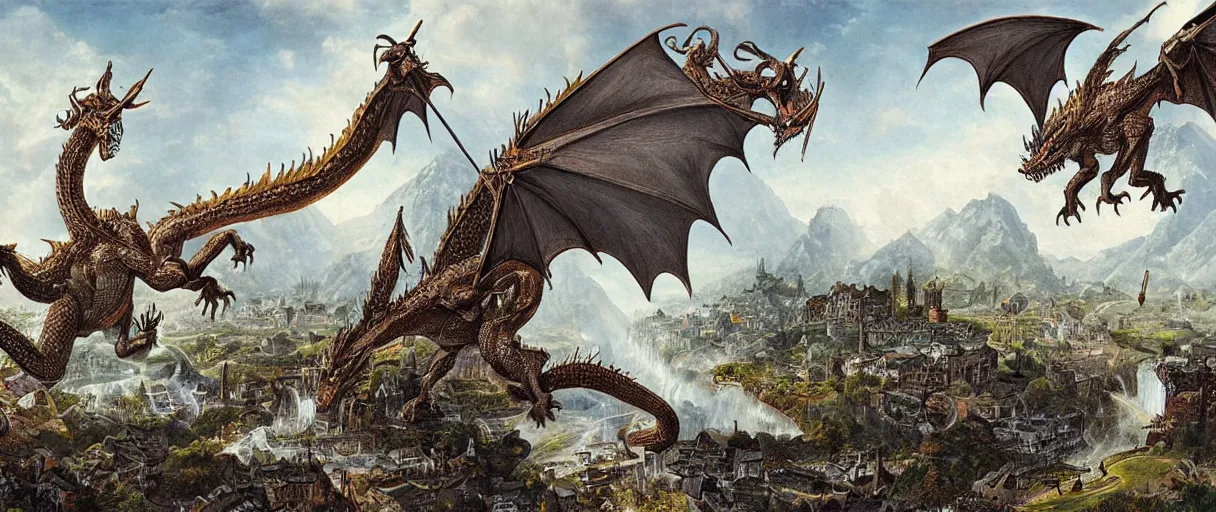 Image similar to stunning detailed artwork of a dragon attacking a village by eugene von guerard