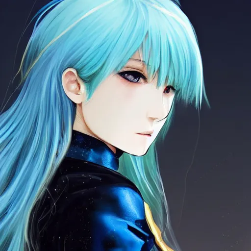 Prompt: side profile of rimuru tempest with sky blue hair, long hair, sharp face, gold eyes, high collar, black jacket | shiny, highly detailed, rain, professional digital painting, concept art, award - winning photography, cinematic, wlop | art by pixiv art, yoshitaka amano, deviantart