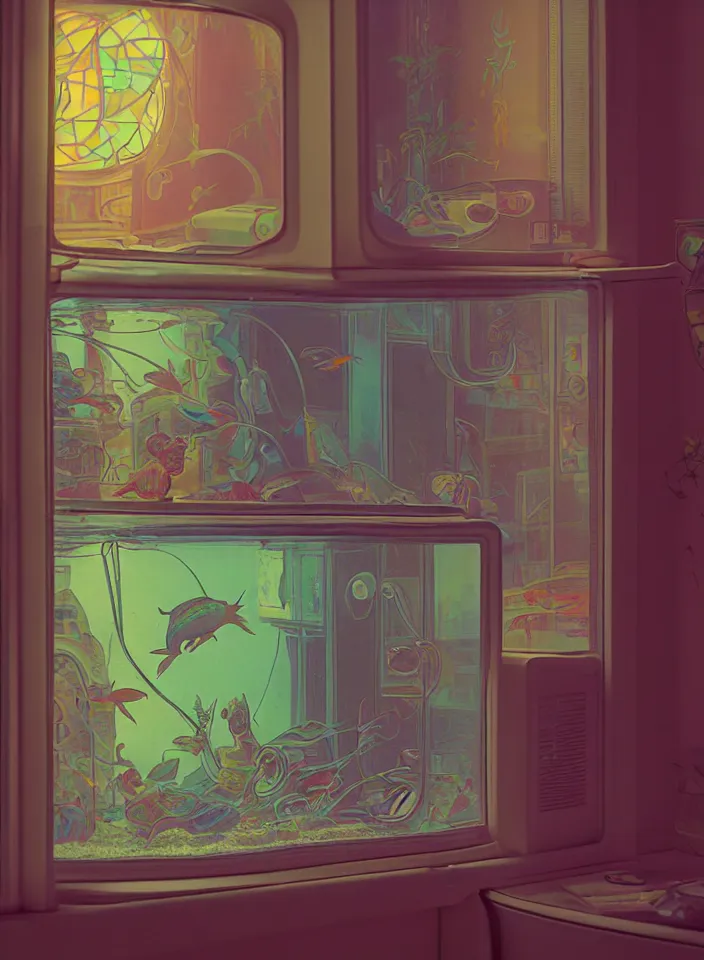 Image similar to telephoto 7 0 mm f / 2. 8 iso 2 0 0 photograph depicting the feeling of chrysalism in a cosy safe cluttered french sci - fi ( ( art nouveau ) ) cyberpunk apartment in a pastel dreamstate art cinema style. ( cat ) ( ( fish tank ) ), ambient light.