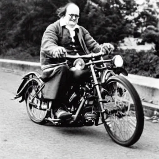 Prompt: benjamin franklin as a biker on a harley davidson