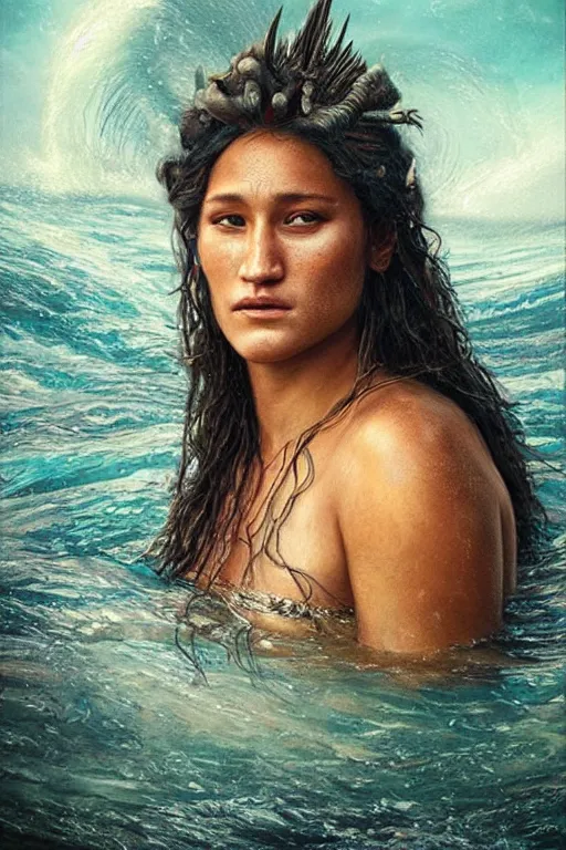 Image similar to a beautiful portrait of q'orianka kilcher as a mermaid in a river of the amazon, hyper realistic face, beautiful eyes, fantasy art, in the style of greg rutkowski, intricate, hyper detailed, smooth