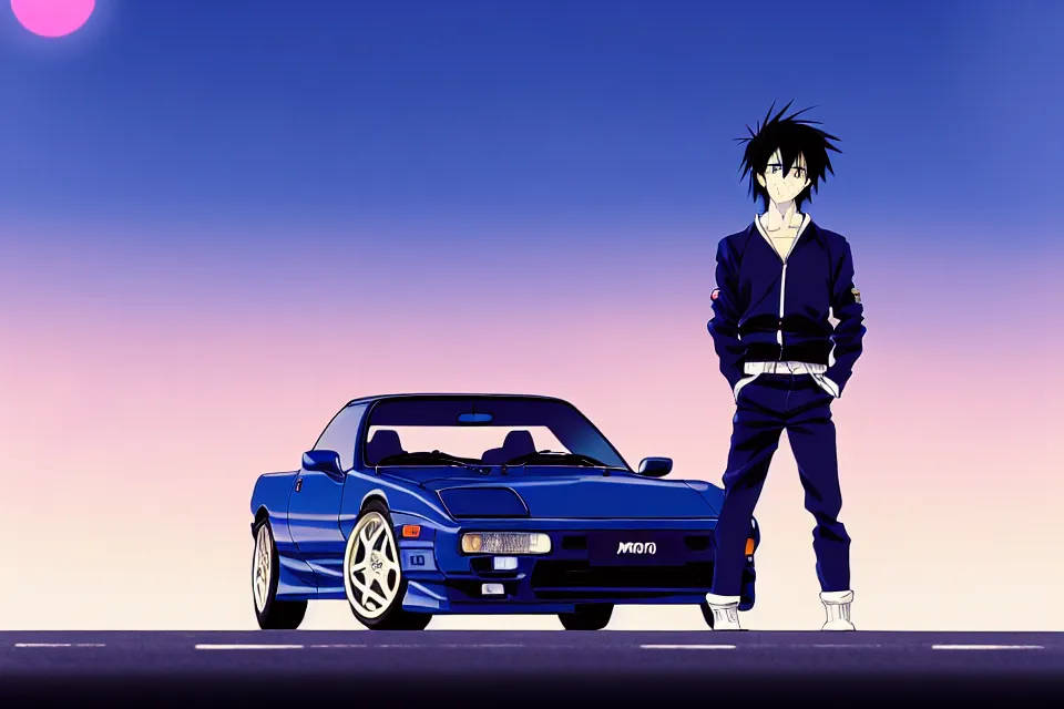 Prompt: aesthetic anime illustration of ryosuke takahashi wearing a dark blue shirt and white pants, standing by his glossy white 1 9 9 0 mazda rx - 7 fc on an empty highway at sunrise, cinematic lighting, initial d anime 1 0 8 0 p, 9 0 s anime aesthetic, volumetric lights, rule of thirds, unreal engine render, pinterest wallpaper, trending on artstation