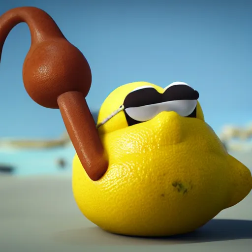 Image similar to a supercute lemon cartoon character, that is fit and muscular, it's is relaxing on a beach, inspired by dalle - 2, octane render, 3 d, volumetric lightening