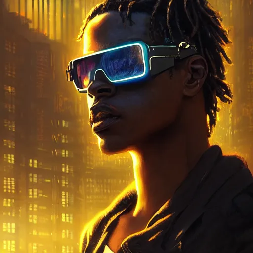 Image similar to cyberpunk, closeup portrait of a juice wrld, dramatic light, city background, sunset, dystopian setting, high contrast, sharp, neuromancer, henry dorsett case, painted by stanley lau, painted by greg rutkowski, painted by stanley artgerm, digital art, trending on artstation